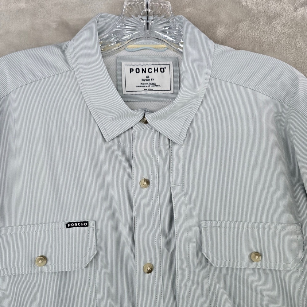 Poncho Fishing Shirt Mens XL Green White Pinstripe Magnetic Pockets FLAW